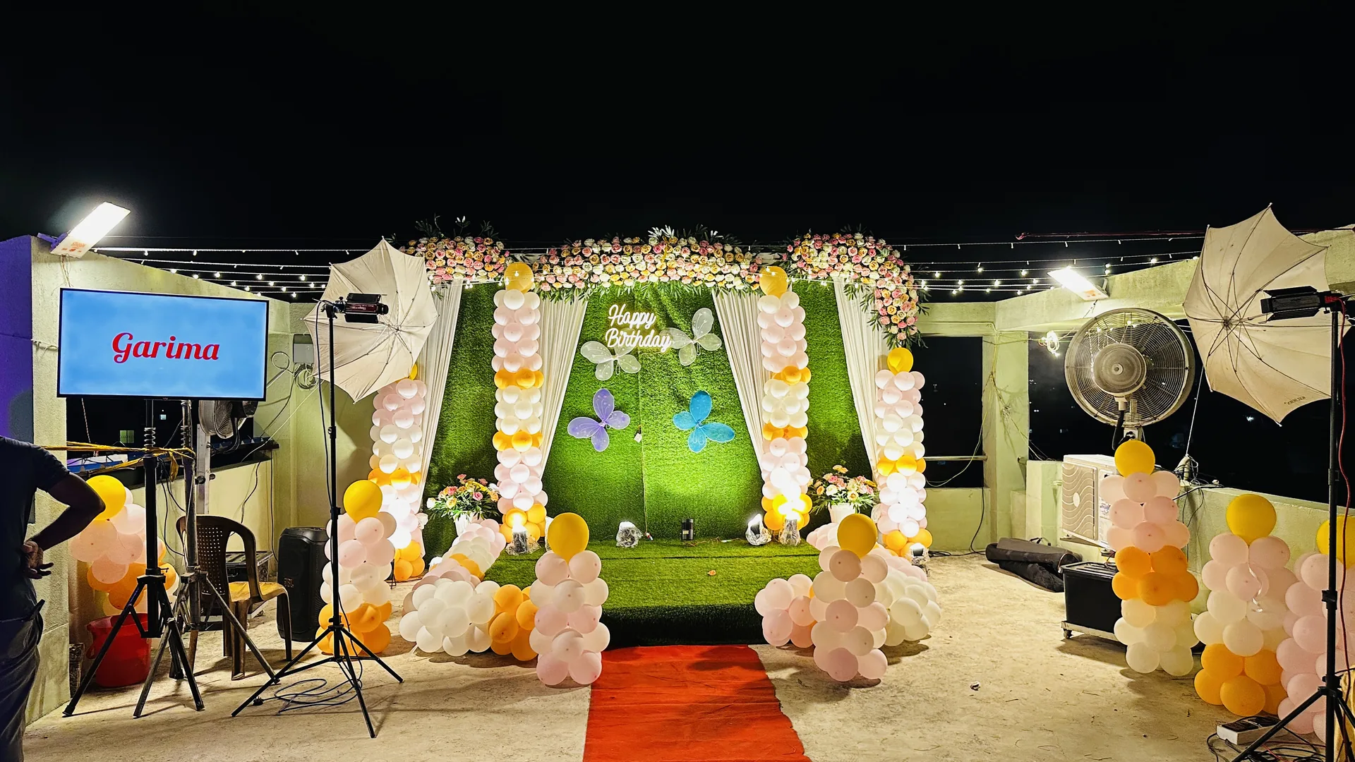 Grand Birthday Stage with Butterfly Backdrop and LED Screen Setup Kolkata