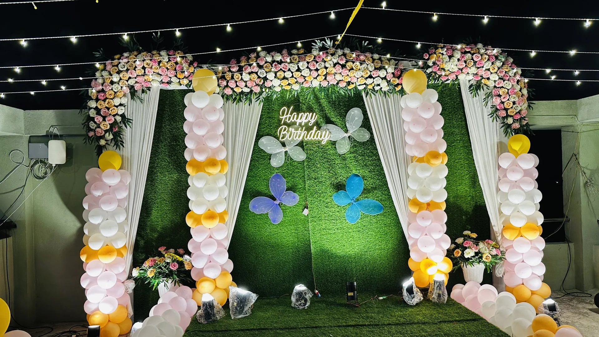 Pastel Balloon Columns and Butterfly Floral Birthday Stage Kolkata