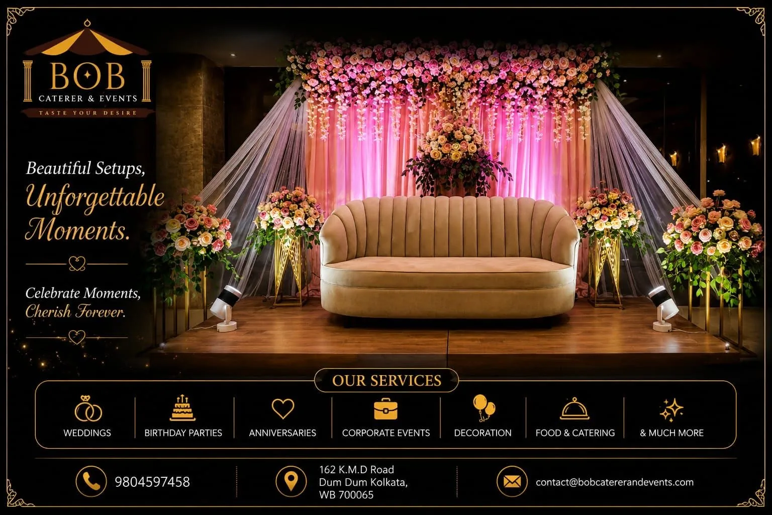 Pink Velvet Sofa and Floral Chandelier Reception Stage Kolkata
