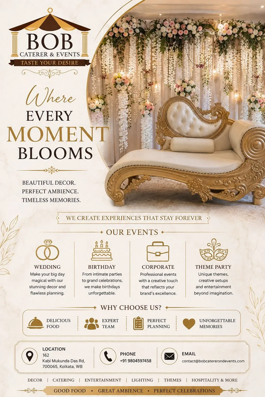 White Wisteria and Golden Royal Chaise Wedding Stage Kolkata